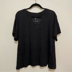 We the Free by Free People Black Burnout V-Neck Cutout Short Sleeve T-Shirt